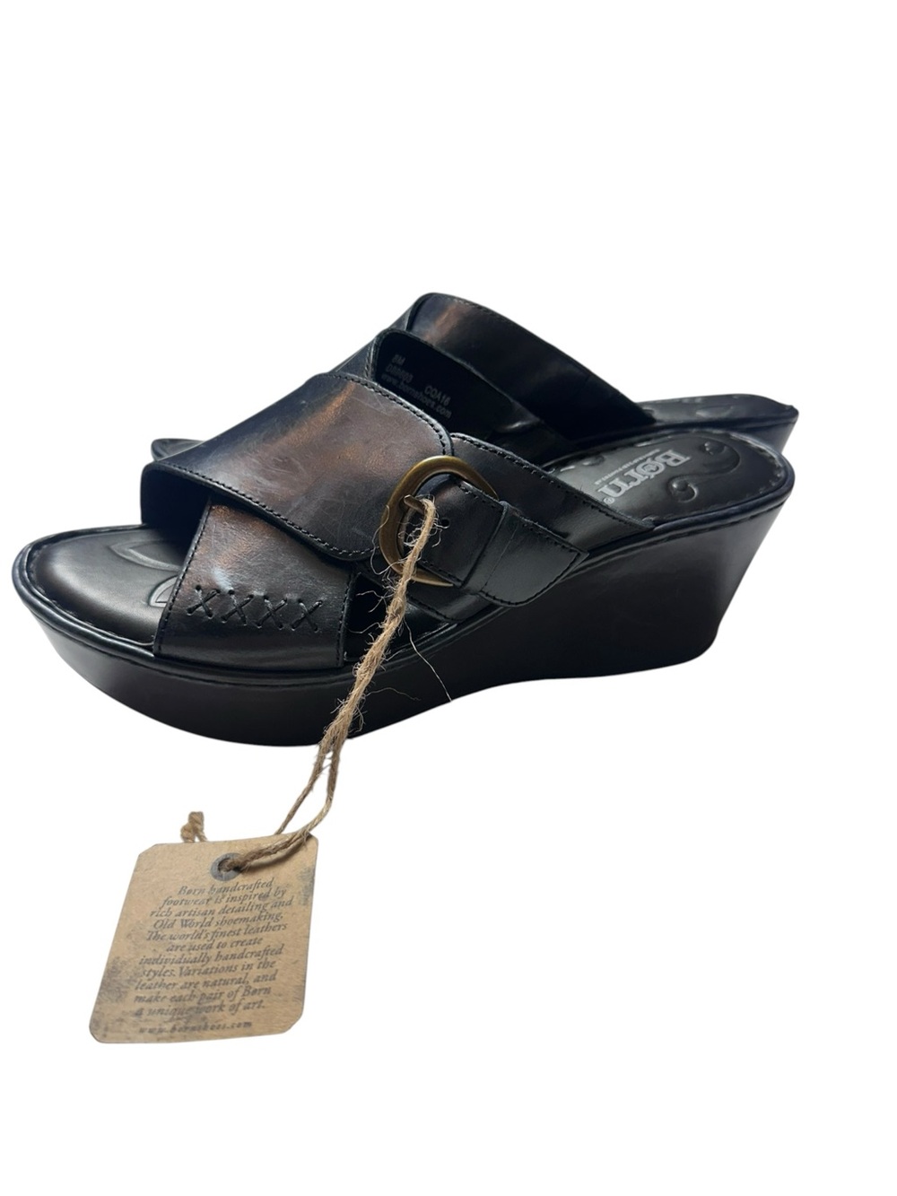 NWT Born Black Leather Wedge Slide Sandals Buckle Comfort Boho 8M
